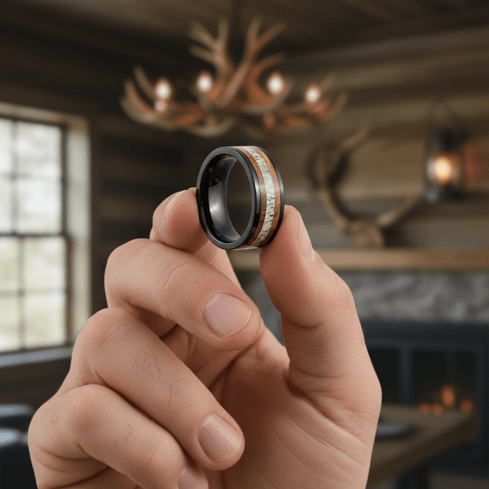 DEERWOOD — Held between fingers close-up — men's tungsten wedding ring.