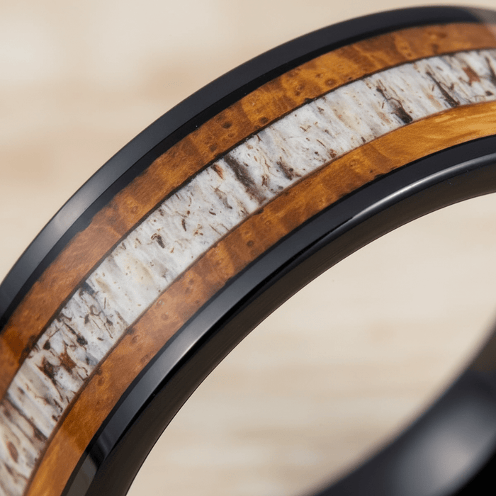 DEERWOOD — Extreme macro detail — men's tungsten wedding ring.
