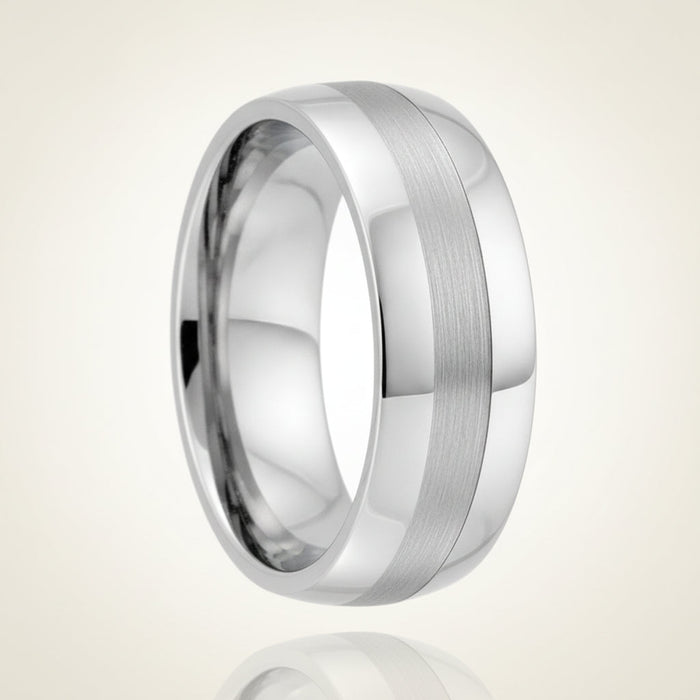 DEFIANCE silver tungsten domed wedding band with a single brushed vertical stripe running around the center and polished sides, studio hero shot