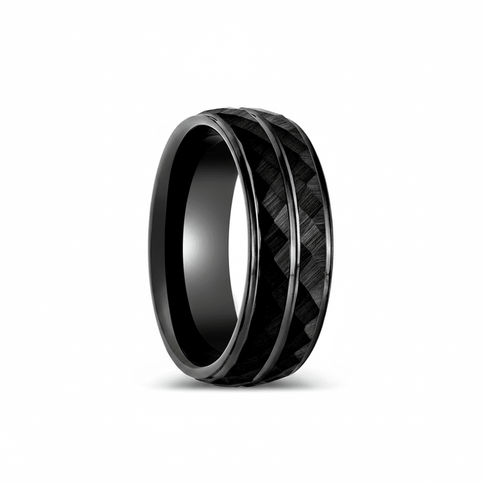 DEIMOS — Hero product shot — men's tungsten wedding ring.
