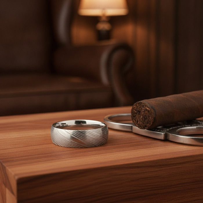 Aydins DORIAN | Silver Ring, Silver Damascus Steel, Domed lifestyle scene, cigar humidor