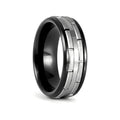 DUALITY black tungsten wedding ring with two-tone silver patterned design - front view