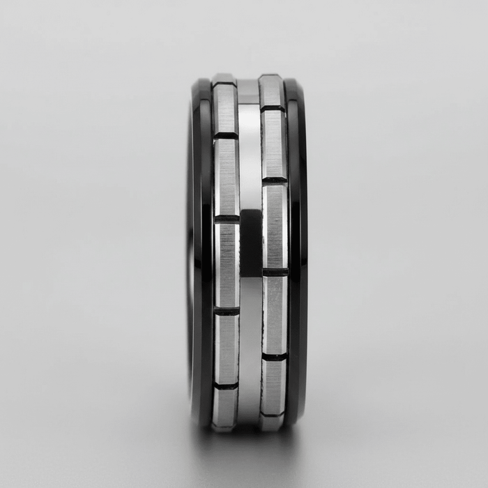 DUALITY — Center-through axial view — men's tungsten wedding ring.