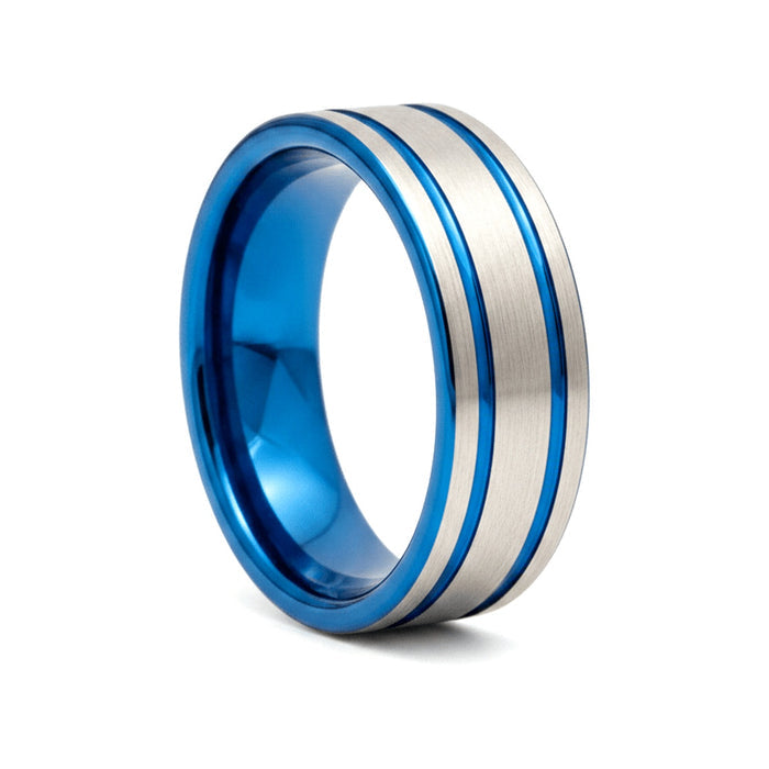 DUALWAVE blue tungsten wedding ring with twin-striped center and pipe-cut flat profile - front view