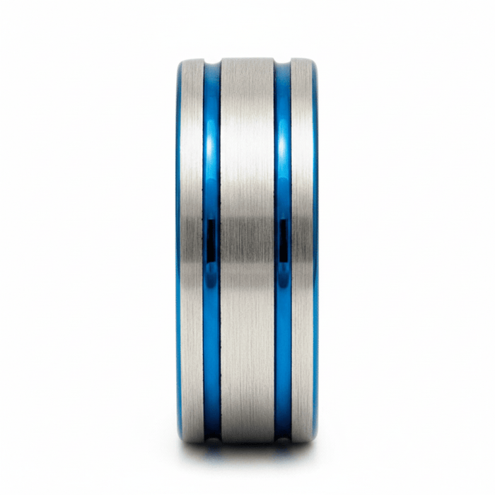 DUALWAVE — Front-facing straight-on view — men's tungsten wedding ring.