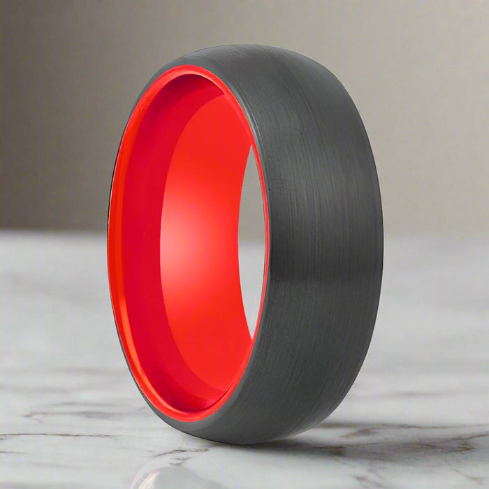 FERRARI | Red Ring, Black Tungsten Ring, Brushed, Domed - Rings - Aydins Jewelry - 1
