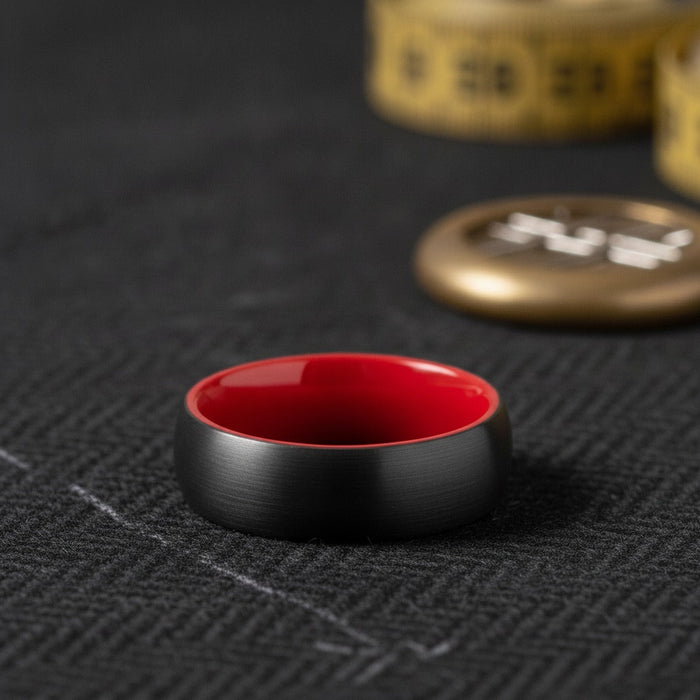 Aydins FERRARI | Red Ring, Black Tungsten Ring, Brushed, Domed lifestyle scene, tailor shop
