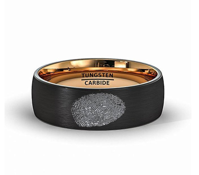 Finger Print Engraved Rose Gold Inlay Tungsten Ring Brushed Dome Comfort Fit - Rings > Tungsten Fingerprint Ring > Fingerprint Jewelry >Fingerprint Rings > Memorial Ring > His Fingerprint Ring > Mens Wedding Band > mens black wedding band > black wedding rings > black wedding band > black wedding rings for men > - Aydins Jewelry - 1