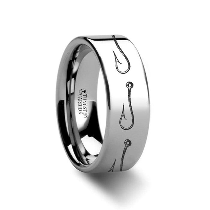 Fishing Hook Sea Pattern Print Laser Engraved Flat Tungsten Carbide men's wedding band, image 1