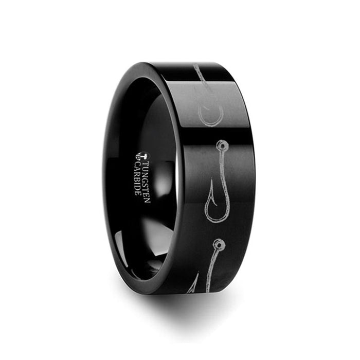 Fishing Hook Sea Pattern Print Laser Engraved Flat Tungsten Carbide men's wedding band, image 2