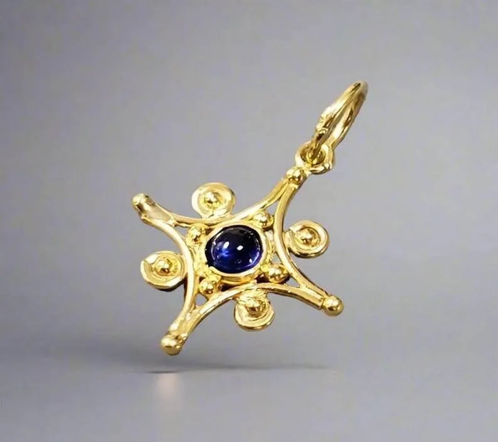 Floral 18k Gold Blue Sapphire Pendant: Handmade Cabochon Jewelry - K Jewelry Accessories