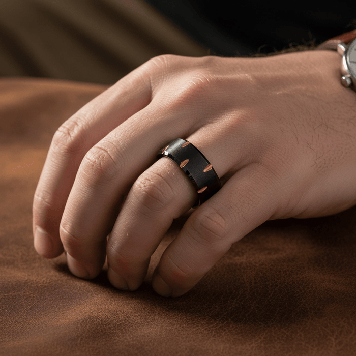 GILTBLADE — Lifestyle photo on hand — men's tungsten wedding ring.