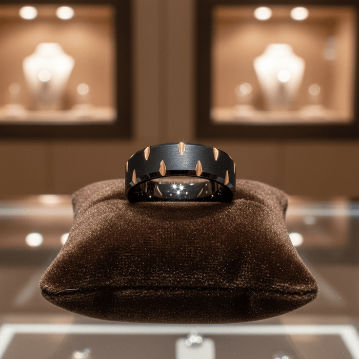 GILTBLADE — Premium boutique display on velvet — men's tungsten wedding ring.