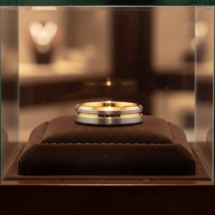 GLEAMLINE — Premium boutique display on velvet — men's tungsten wedding ring.