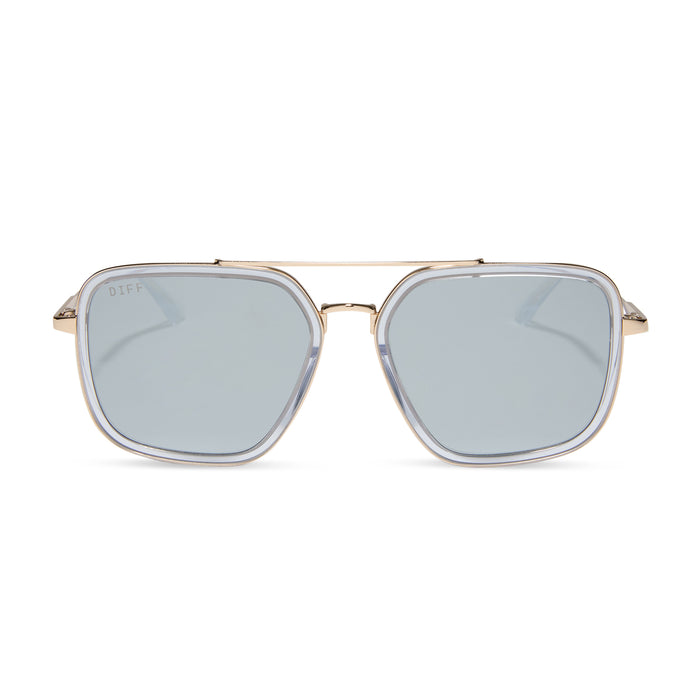 diff eyewear featuring the jordan navigator prescription sunglasses with a gold frame, clear crystal temple tips front view
