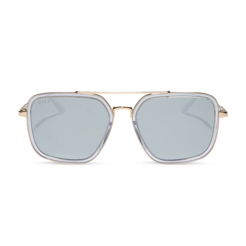 diff eyewear featuring the jordan navigator prescription sunglasses with a gold frame, clear crystal temple tips front view