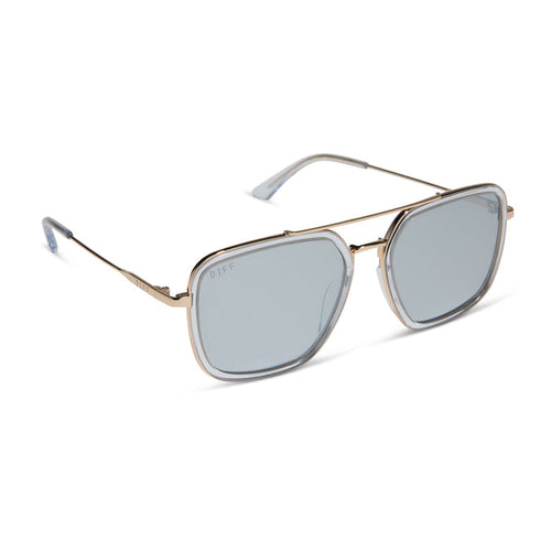 diff eyewear featuring the jordan navigator sunglasses with a gold frame, clear crystal temple tips and silver mirror lenses angled view