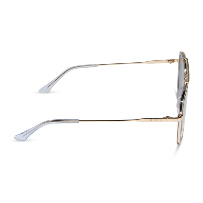 diff eyewear featuring the jordan navigator sunglasses with a gold frame, clear crystal temple tips and silver mirror lenses side view