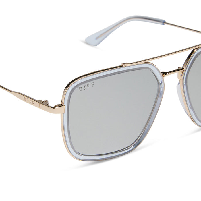 diff eyewear featuring the jordan navigator sunglasses with a gold frame, clear crystal temple tips and silver mirror lenses detailed view