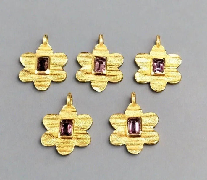 Gold Vermeil Pink Tourmaline Floral Charm Pendant - K Jewelry Accessories