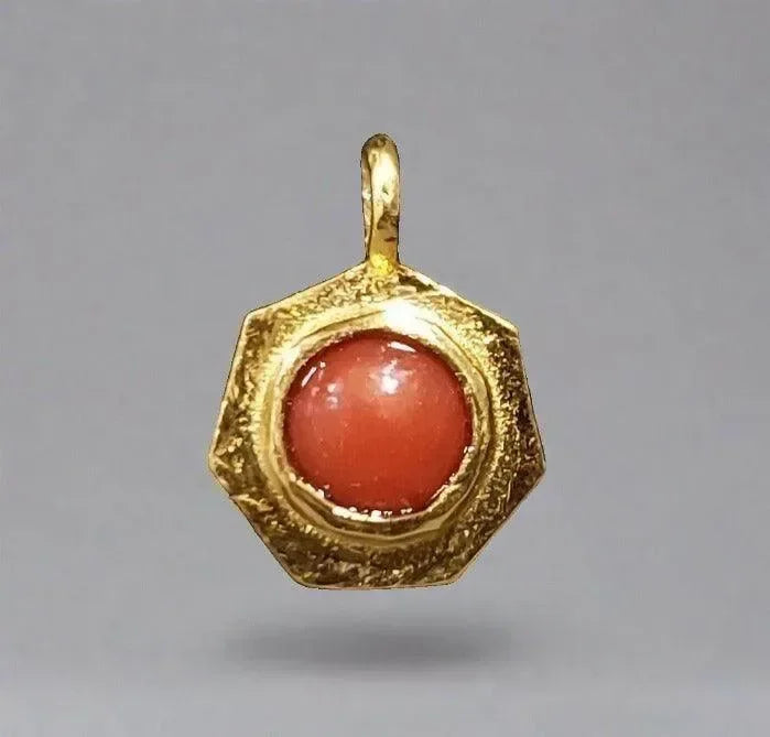 Gold Vermeil Red Coral Hexagon Shape Charm Pendant - K Jewelry Accessories