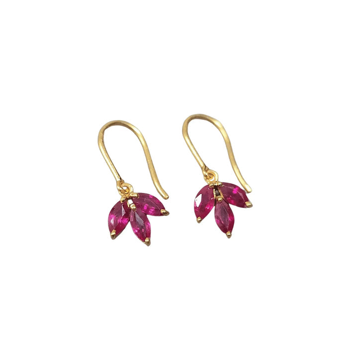 gold vermeil ruby flower earrings with 3 stones - K Jewelry Accessories