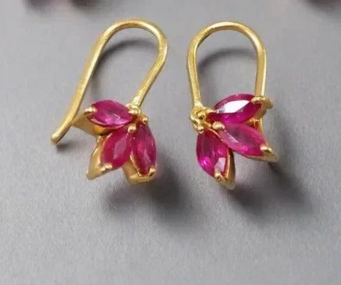 gold vermeil ruby flower earrings with 3 stones - K Jewelry Accessories
