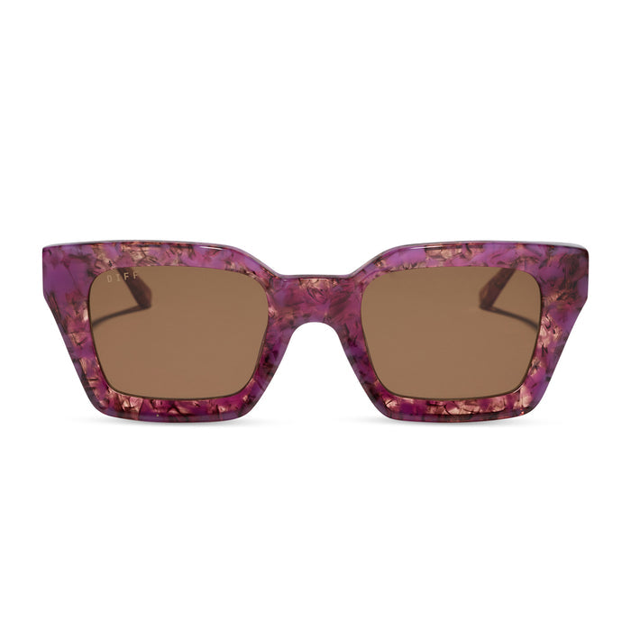 diff eyewear greer square sunglasses in a lavender haze tortoise acetate frame and brown lenses front view