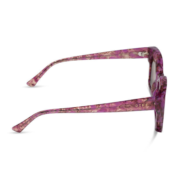 diff eyewear greer square sunglasses in a lavender haze tortoise acetate frame and brown lenses side view