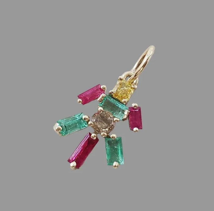 Colorful gemstone pendant with emerald, ruby, yellow sapphire, and diamond in gold setting