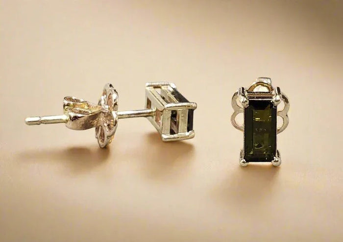 Handmade 14k Gold Green Baguette Tourmaline Stud Earrings