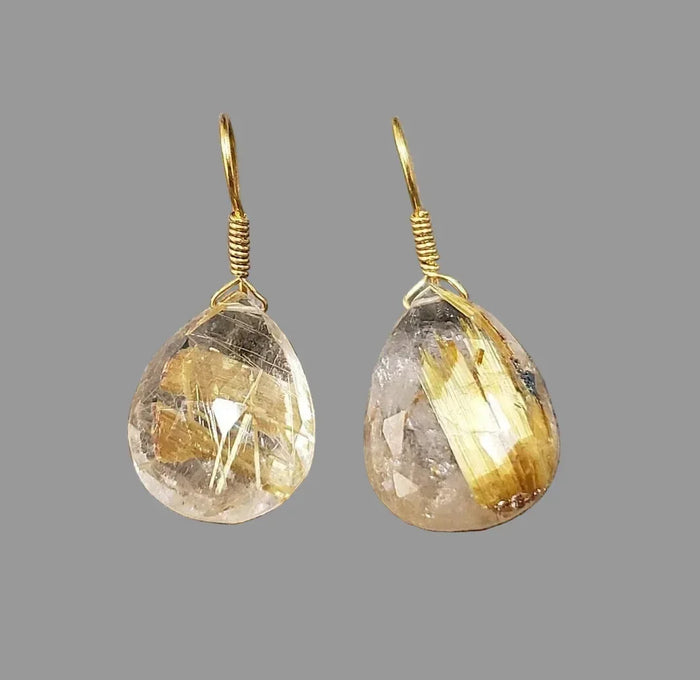 Handmade 18k Gold Rutile Quartz Drop Earrings - K Jewelry Accessories