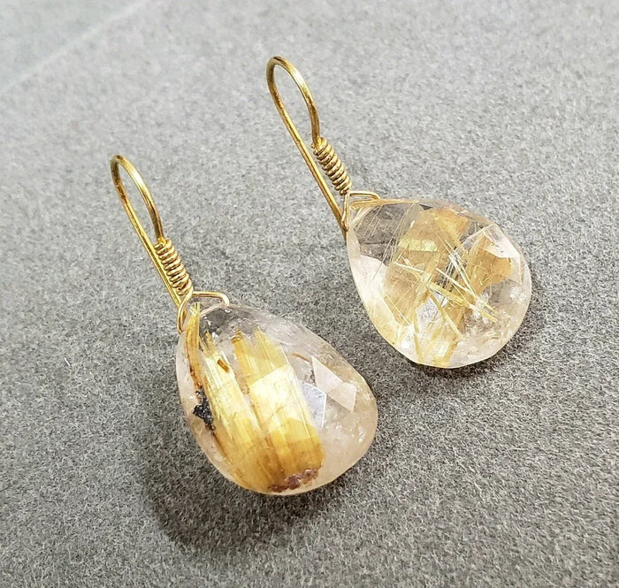 Handmade 18k Gold Rutile Quartz Drop Earrings - K Jewelry Accessories