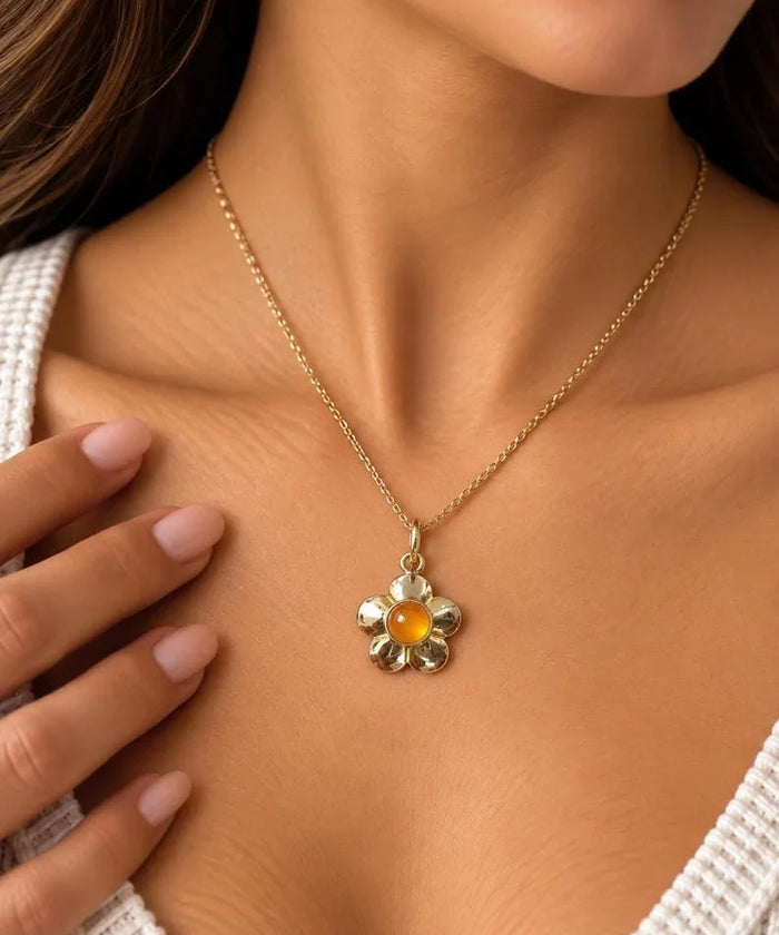 Handmade Floral Carnelian Pendant, 14K Gold Shiny Polish