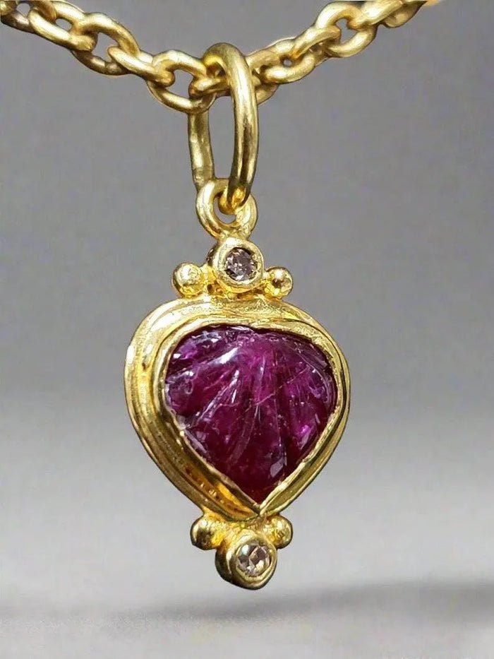 Handmade Natural Carving Ruby with Diamond Pendant Necklace For Women - K Jewelry Accessories