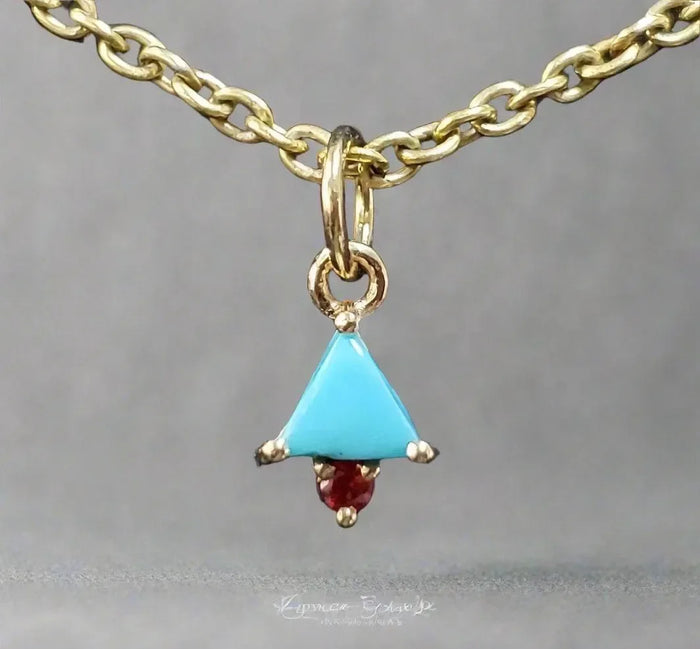 Handmade Solid 14k Red Sapphire & Arizona Turquoise Gold Pendant - K Jewelry Accessories