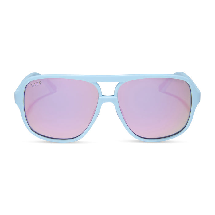 diff sport featuring the hangtime aviator sunglasses with a matte baby blue frame and lavender mirror polarized lenses front view