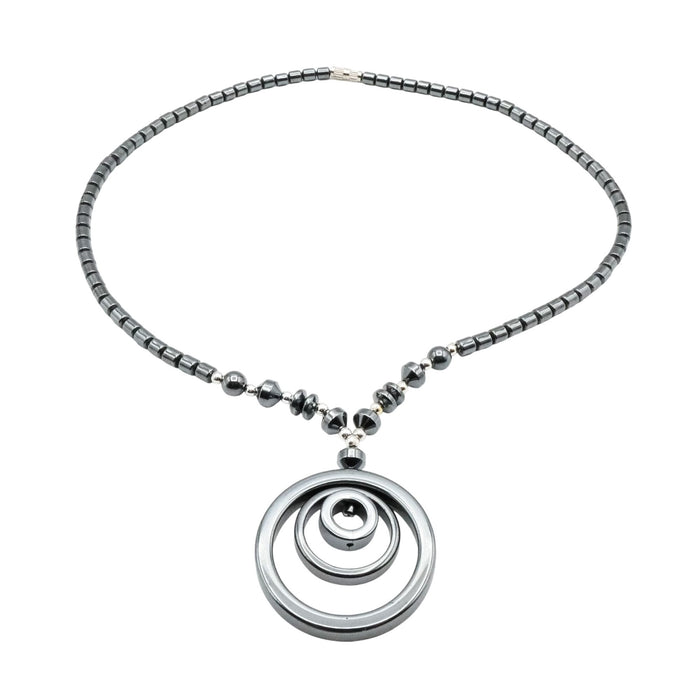 Hematite Spiral Pendant Necklace Silver Tone Beads 18 Inch Modern Minimalist