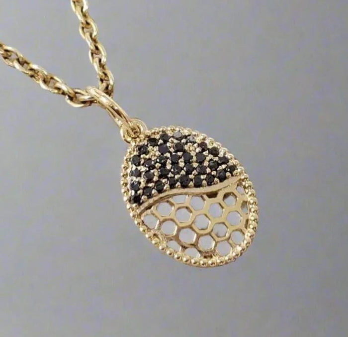 Honeycomb Black Diamond Pendant in 14k Gold | Beehive Necklace Charm