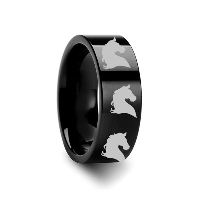 Horse Head Print Laser Engraved Flat Polished Tung Tungsten Carbide men's wedding band, image 2
