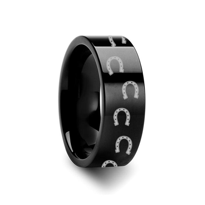 Horse Shoe Print Laser Engraved Flat Polished Tung Tungsten Carbide men's wedding band, image 2