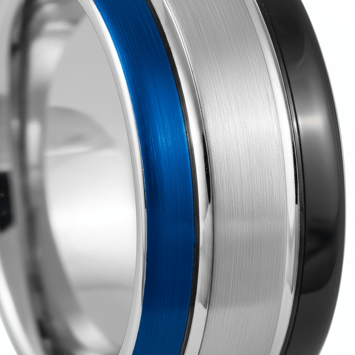 HYBRID — Extreme macro detail — men's tungsten wedding ring.