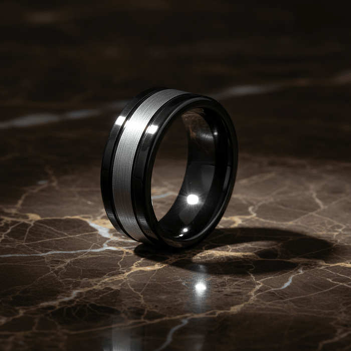 HYMEN — detail view — men's tungsten carbide wedding ring | Aydins Jewelry