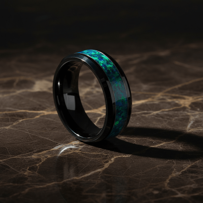 ICICLE — Luxury 3/4 angle on dark marble — men's tungsten wedding ring.