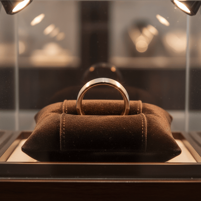 ICON — Premium boutique display on velvet — men's tungsten wedding ring.