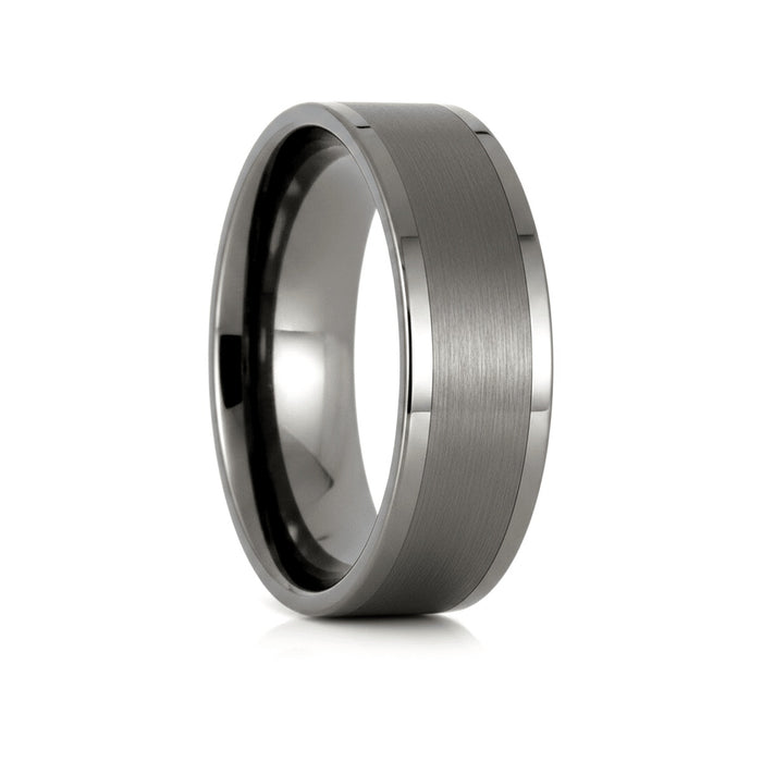 IGNITION gunmetal tungsten wedding ring with brushed center and pipe-cut flat edges - front view