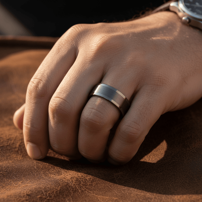 IGNITION — Lifestyle photo on hand — men's tungsten wedding ring.