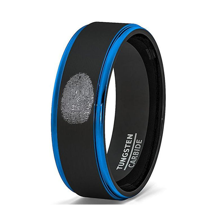 Finger Print Engraved Two-Tone Black Brushed — lifestyle on hand — men's tungsten carbide wedding ring | Aydins Jewelry