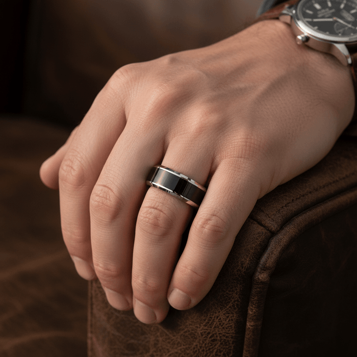 INFERNO — lifestyle on hand — men's tungsten carbide wedding ring | Aydins Jewelry