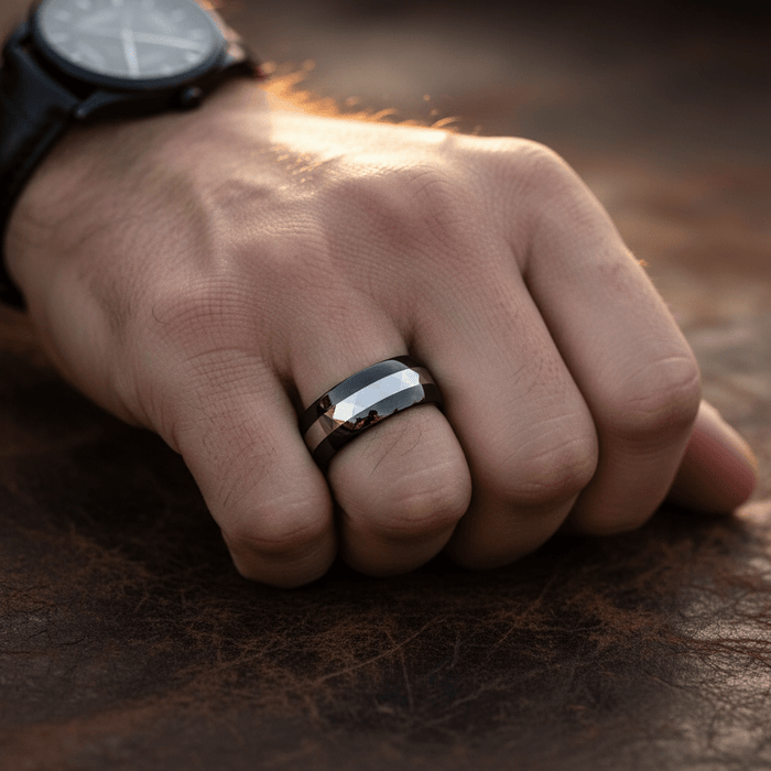 IRONCLAD — lifestyle on hand — men's tungsten carbide wedding ring | Aydins Jewelry